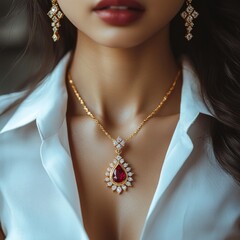 Elegant necklace adorned with sparkling gems enhances beauty of woman dressed in sophisticated attire, showcasing timeless style and luxury in sophisticated setting