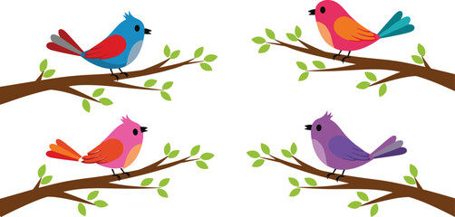 Colorful birds perched on tree branches, vibrant feathers, artistic illustration, green leaves, white background, nature scene, tropical wildlife, bird design