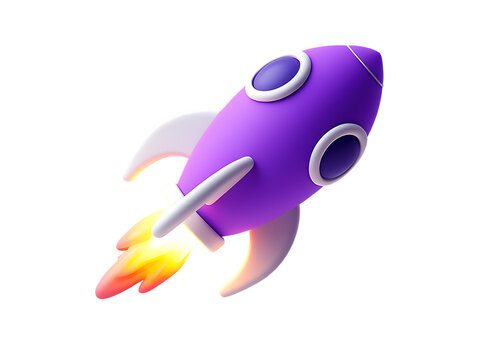 Vibrant 3D purple rocket icon with white fins and fiery orange exhaust representing startup launch or progress