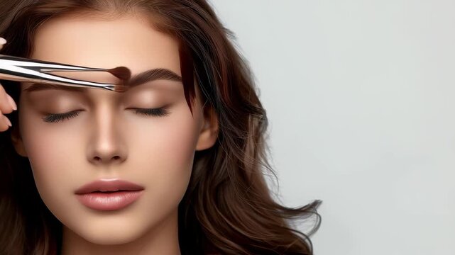 Close-up woman getting her eyebrows done with cosmetic brush, eyes closed. The focuses on beauty, grooming,, facial aesthetics. The background is plain, bright