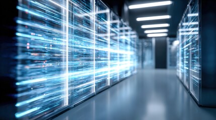 Data Center with Futuristic Digital Flow: Server Room Infrastructure and High-Speed Network Concept