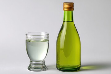 Clear glass bottle of light yellow liquid next to a full glass of the same beverage