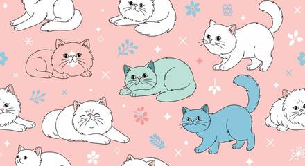 A cute and playful seamless pattern featuring cartoon cats in various poses. Perfect for children's fabric, prints, and wallpaper