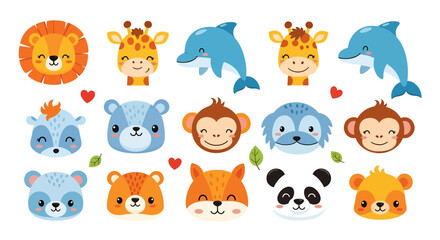Fototapeta premium A collection of cute cartoon animal faces including a lion, dolphin, giraffe, bear, fox, monkey, panda, raccoon, and squirrel with hearts and leaves