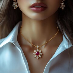 Elegant woman showcasing exquisite necklace adorned with vibrant red gem surrounded by sparkling stones, perfect accessory for formal evening events and special celebrations