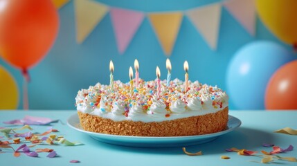 The colorful birthday cake adorned with candles and sprinkles on a table.