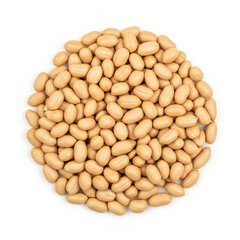 Export quality shelled peanuts in a pile arranged in a circle isolated on white background