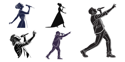 Four male singers in silhouette performing with microphones on stage, Singing silhouette vector of diverse people. Group of singers with microphone. Musical performance concept. Concert, band, choir