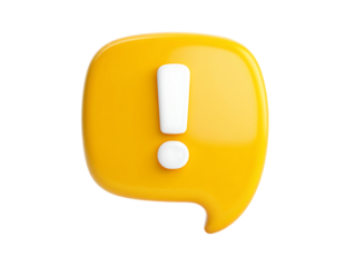 Glossy 3D yellow speech bubble with white exclamation mark, signaling an alert or important message.