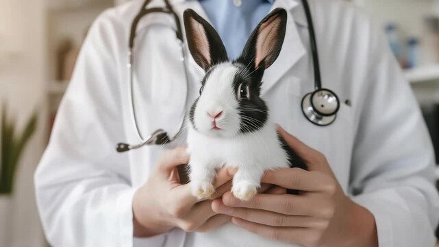 Image veterinarian holding black, white rabbit. The vet is wearing white coat, stethoscope. The rabbit looks healthy, calm. This is health, care context