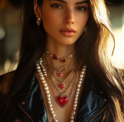 Elegant woman showcasing exquisite necklace collection with heart shaped pendants and layers of pearls in a chic urban setting during golden hour light