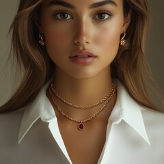 Elegant woman showcasing exquisite necklace adorned with striking ruby pendant, paired flawlessly with matching earrings. Stunning display of contemporary jewelry style and fashion