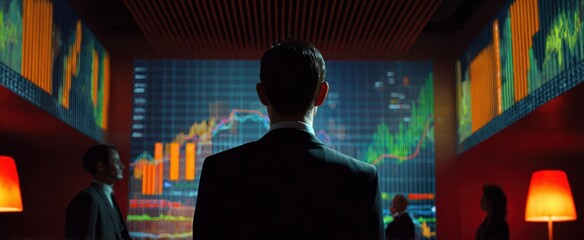 The businessman analyzing data in a modern financial office setting.
