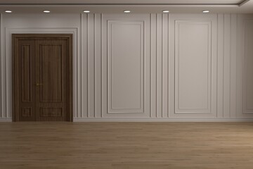 Modern interior with blank wall and wooden parquet, empty room and panel, 3D rendering