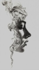 Fototapeta premium Profile of a woman with smoke curling from head in grayscale, evoking surreal dream