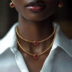 Elegant necklace adorned with ruby gemstones enhances beauty of woman, showcasing refined jewelry style during an intimate gathering, emphasizing sophistication and grace