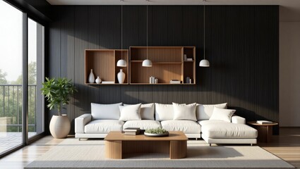 Minimalist Modern Living Room with White Sofa and Wooden Wall Accents – Contemporary Home Design