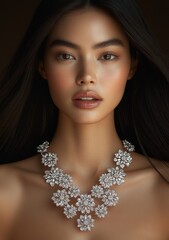 Elegant woman showcasing stunning floral necklace design in soft lighting, highlighting intricate details and sparkling gemstones that enhance natural beauty