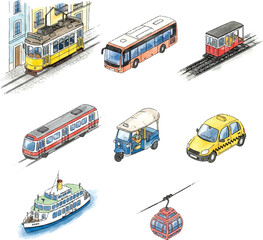 Fototapeta premium Colorful Urban and Tourist Transportation Icons Vector Set