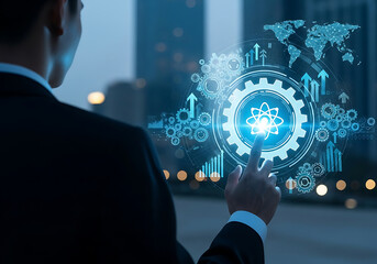 Executive interacting with digital technology interface featuring global data.