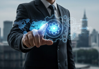 Businessman's touch activates global technology solutions over city backdrop.