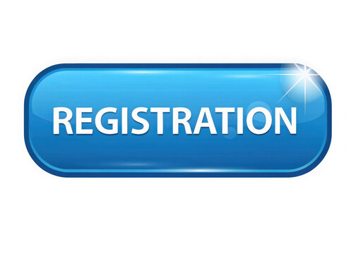 Glossy blue registration button with white text isolated on transparent background