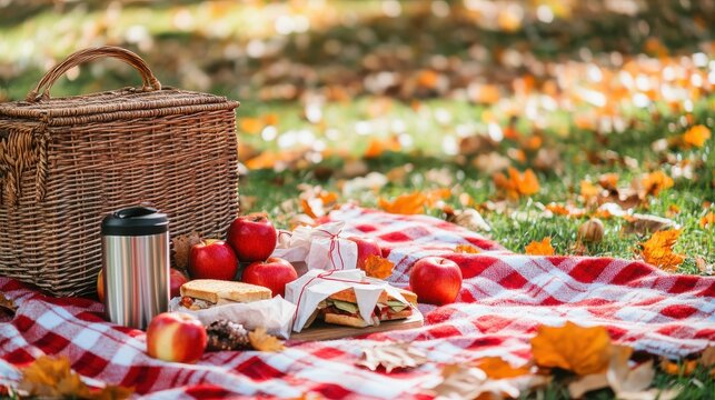 Beautiful Autumn Picnic Scene with Plaid Blanket and Basket