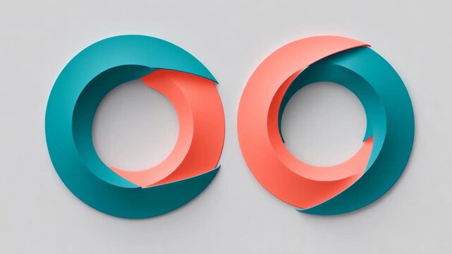Two overlapping, 3D-shaped circles in teal and coral, against a light gray background