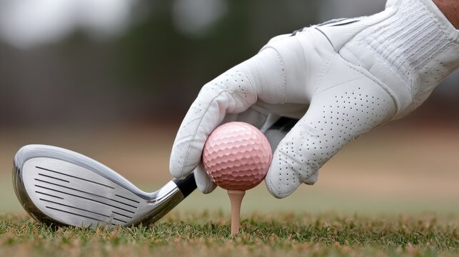 Hand in a white glove steadies a pink golf ball on a tee with a pink driver poised in the grass under clear blue skies, ready to drive - Powered by Adobe