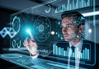 Man interacts with a holographic interface, data visualization and analysis