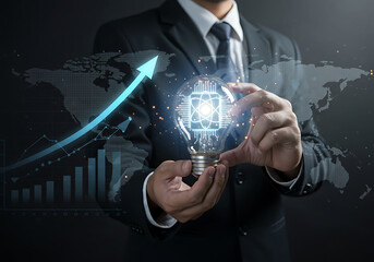 Innovating for Global Growth: Man Holding a Future-Oriented Bulb