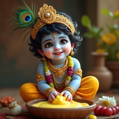 Adorable baby krishna in traditional attire joyfully playing with a bowl of sweet yellow food