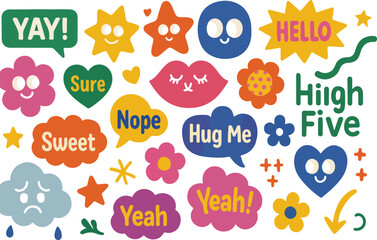 Vibrant collection of playful geometric shapes cartoon characters and speech bubbles with expressive eyes for decorative sticker and toy design applications
