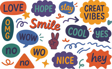 Collection of contemporary doodle speech bubbles featuring positive messages like good vibes happy love and cool perfect for banners prints and stickers