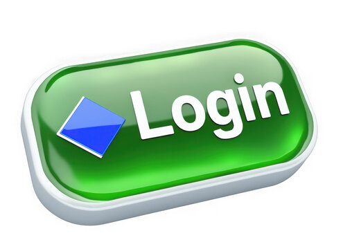 Glossy green login button with blue arrow icon isolated on transparent background