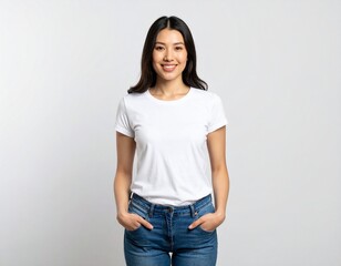 White T-Shirt Mockup on Pretty Japanese Women with Isolated White Background
