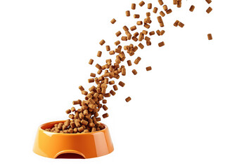 Dry kibble dog food pouring into an orange pet bowl isolated on transparent background