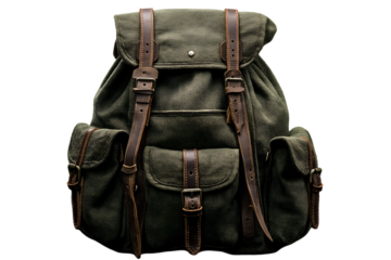 Vintage Military Canvas Backpack – Olive Green Rucksack with Leather Straps on Transparent Background