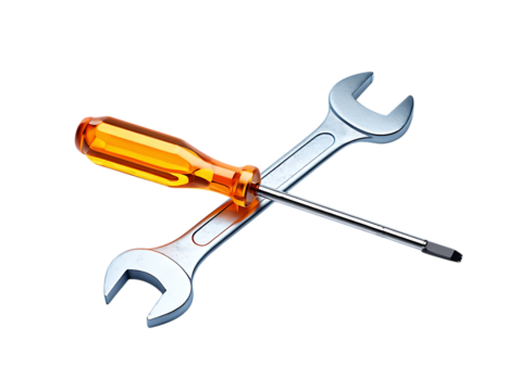 Shiny Chrome Metal Wrench and a Screwdriver with a Bright Orange Transparent Handle Crossed Together