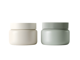 Dual Cosmetic Cream Jars – Smooth White & Ribbed Gray Lid Skincare Container Mockup on Transparent Background