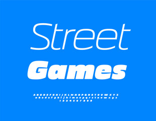 Vector Modern sign Street Games. Dynamic White Font. Fashion Urban Alphabet Letters and Numbers set