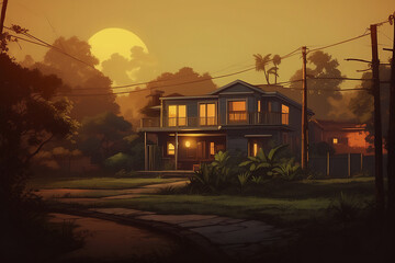 夕陽と家へ続く道　AI生成素材