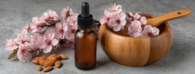 Amber glass dropper bottle filled with dark liquid is artistically arranged with pink blossoms and a wooden bowl against a grey backdrop