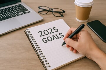 Setting 2025 Goals in a Spiral Notebook on a Desk with Coffee, Laptop, and Phone