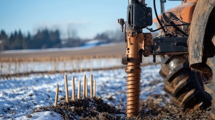 Winter Planting: A Tractor Plants Saplings in a Snowy Field