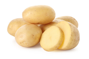 Whole and cut potatoes isolated on white