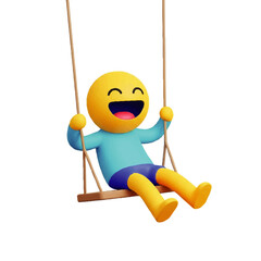 A cheerful yellow emoji character with a big smile is joyfully swinging on a rope swing, isolated on a white background.