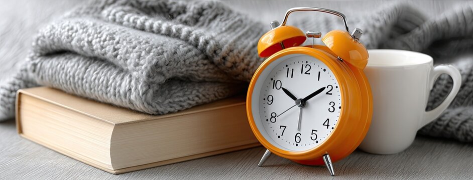 Morning comfort unfolds with an orange alarm clock, stacked books, and a coffee mug, inviting relaxation and warmth