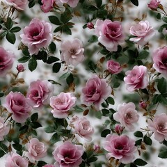 A detailed vintage illustration of pink roses and green leaves creates a charming floral pattern on a bright white backdrop SEAMLESS PATTERN