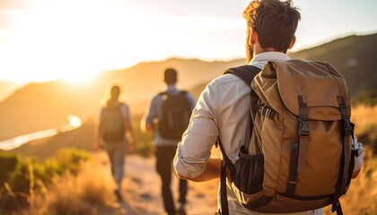 Fototapeta premium Hikers on a trail at sunset